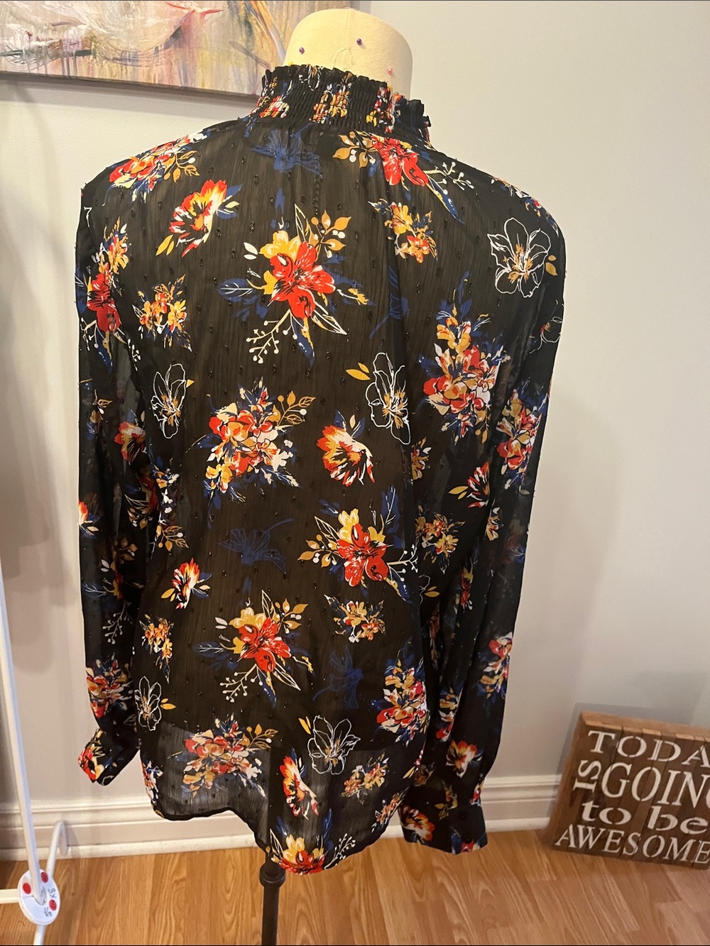 😍CLEARANCE- GEORGE Black Sheer Floral Tie Neck, Long Sleeve, Swiss Dot Blouse XL - Picture 6 of 12